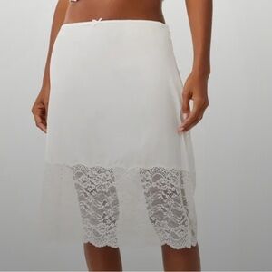 Frankies Bikini’s Chamomile Satin White Lace Trim Midi Skirt